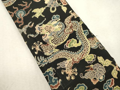 平和屋着物●アンティーク　大正ロマン　半幅帯　龍　黒地　正絹　逸品　CABJ2274dy