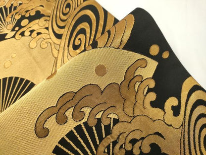 平和屋着物●織物一筋名門　織悦　全通柄　本袋帯　扇面立波文　黒地　金糸　正絹　逸品　CABJ2293dy