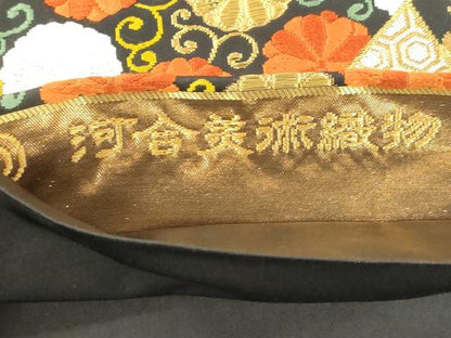 平和屋着物●西陣　河合美術織物謹製　六通柄袋帯　花蝶鳥文　黒地　金糸　正絹　逸品　CABJ2296dy