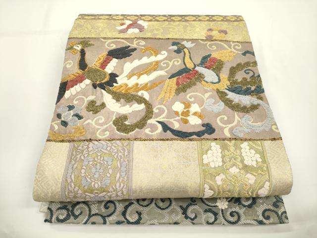 平和屋着物●六通柄袋帯　モール　刺繍　横段花鳥文　金糸　正絹　逸品　CABJ2298dy