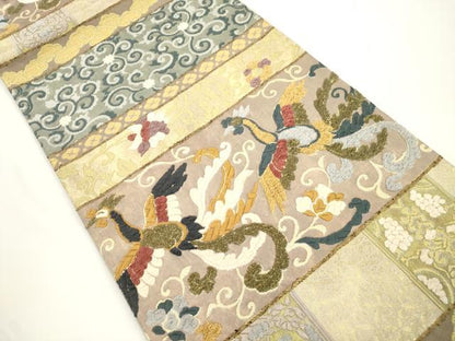 平和屋着物●六通柄袋帯　モール　刺繍　横段花鳥文　金糸　正絹　逸品　CABJ2298dy