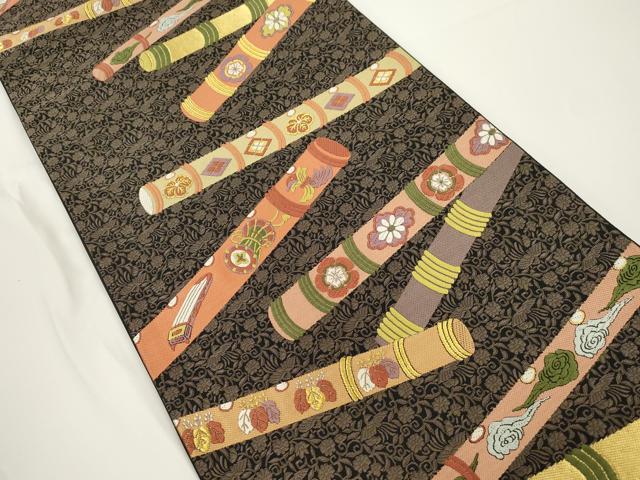 平和屋着物●六通柄袋帯　唐織　横笛　黒地　金糸　正絹　逸品　CABJ2303dy
