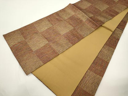 平和屋着物▽全通柄袋帯　スリーシーズン　春夏秋　市松文様　金糸　正絹　逸品　CABJ2310dy