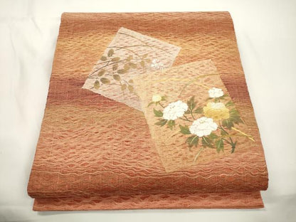 平和屋着物▽太鼓柄袋帯　スリーシーズン　春夏秋　櫛織　刺繍　色紙重ね草花文　金銀彩　正絹　逸品　CABJ2311dy