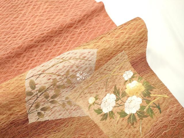 平和屋着物▽太鼓柄袋帯　スリーシーズン　春夏秋　櫛織　刺繍　色紙重ね草花文　金銀彩　正絹　逸品　CABJ2311dy