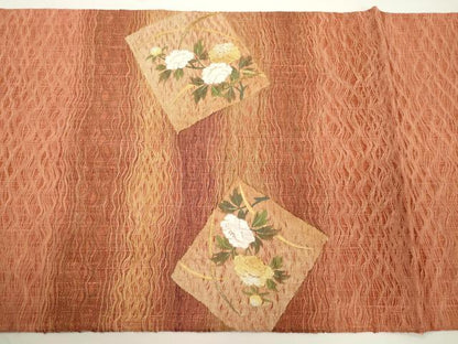 平和屋着物▽太鼓柄袋帯　スリーシーズン　春夏秋　櫛織　刺繍　色紙重ね草花文　金銀彩　正絹　逸品　CABJ2311dy