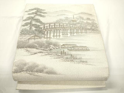 平和屋着物●綴れ　太鼓柄袋帯　作家物　手描き　京都嵐山渡月橋　銀糸　正絹　逸品　CABJ2316dy