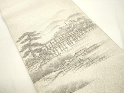 平和屋着物●綴れ　太鼓柄袋帯　作家物　手描き　京都嵐山渡月橋　銀糸　正絹　逸品　CABJ2316dy