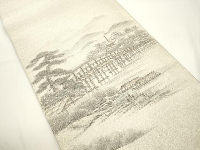平和屋着物●綴れ　太鼓柄袋帯　作家物　手描き　京都嵐山渡月橋　銀糸　正絹　逸品　CABJ2316dy