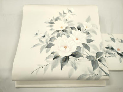 平和屋着物●塩瀬　九寸名古屋帯　作家物　手描き　草花文　金彩　正絹　逸品　CABJ2333dy