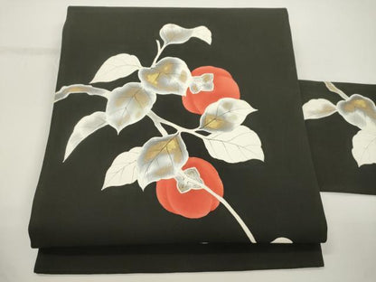 平和屋着物●塩瀬　九寸名古屋帯　柿　黒地　金彩　正絹　逸品　CABJ2334dy