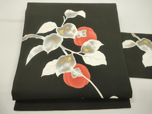 平和屋着物●塩瀬　九寸名古屋帯　柿　黒地　金彩　正絹　逸品　CABJ2334dy