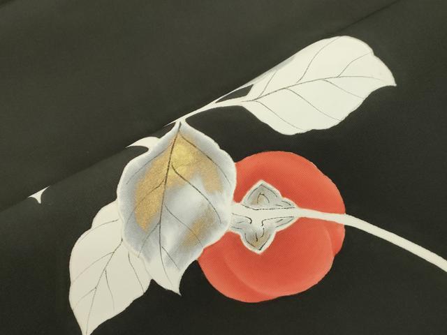 平和屋着物●塩瀬　九寸名古屋帯　柿　黒地　金彩　正絹　逸品　CABJ2334dy