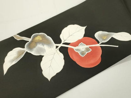 平和屋着物●塩瀬　九寸名古屋帯　柿　黒地　金彩　正絹　逸品　CABJ2334dy