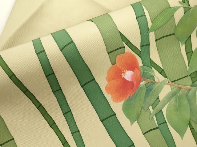 平和屋着物●塩瀬　九寸名古屋帯　笹竹　椿　金銀彩　正絹　逸品　CABJ2335dy
