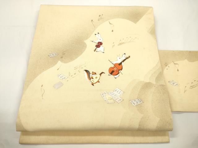 平和屋着物●九寸名古屋帯　手描き　動物　楽器文　正絹　逸品　CABJ2338dy