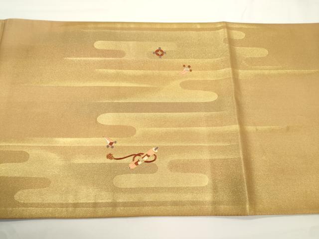 平和屋着物●太鼓柄袋帯　駒刺繍　宝尽くし文　金彩　正絹　逸品　CABJ2349dy