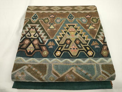 平和屋着物●中国三大刺繍　スワトウ刺繍　相良刺繍　総刺繍　太鼓柄袋帯　紬地　幾何学文　正絹　逸品　CABJ2351dy