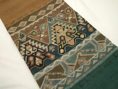 平和屋着物●中国三大刺繍　スワトウ刺繍　相良刺繍　総刺繍　太鼓柄袋帯　紬地　幾何学文　正絹　逸品　CABJ2351dy