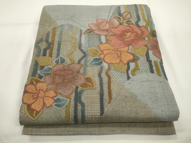 平和屋着物●中国三大刺繍　スワトウ刺繍　相良刺繍　総刺繍　太鼓柄袋帯　紬地　草花文　正絹　逸品　CABJ2356dy