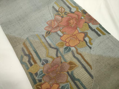 平和屋着物●中国三大刺繍　スワトウ刺繍　相良刺繍　総刺繍　太鼓柄袋帯　紬地　草花文　正絹　逸品　CABJ2356dy