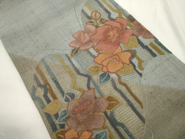 平和屋着物●中国三大刺繍　スワトウ刺繍　相良刺繍　総刺繍　太鼓柄袋帯　紬地　草花文　正絹　逸品　CABJ2356dy