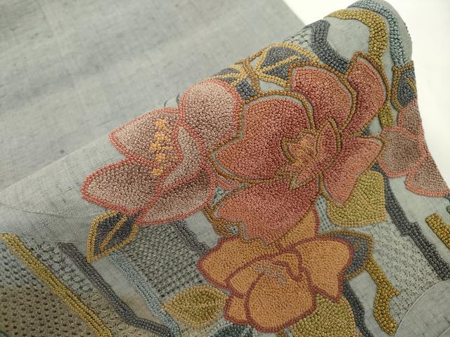 平和屋着物●中国三大刺繍　スワトウ刺繍　相良刺繍　総刺繍　太鼓柄袋帯　紬地　草花文　正絹　逸品　CABJ2356dy