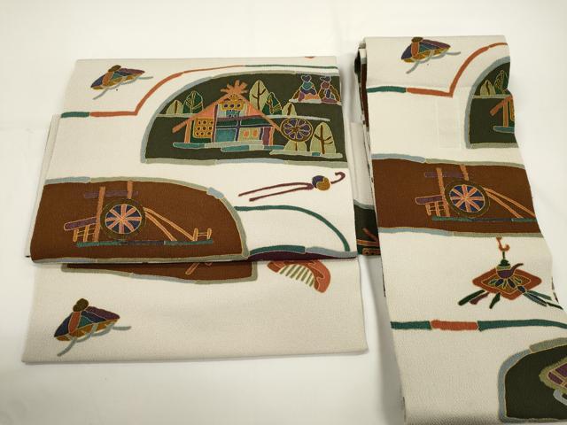 平和屋着物●つけ帯　風景文　鬼しぼ縮緬　正絹　逸品　CABJ2362dy