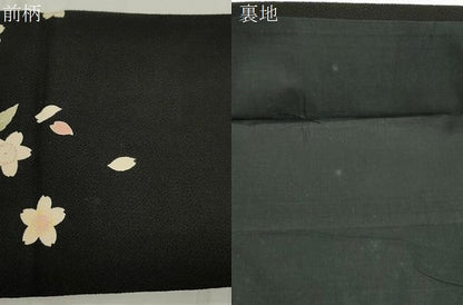平和屋着物●つけ帯　枝桜文　黒地　鬼しぼ縮緬　正絹　逸品　CABJ2363dy