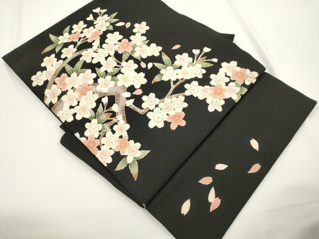 平和屋着物●つけ帯　枝桜文　黒地　鬼しぼ縮緬　正絹　逸品　CABJ2363dy