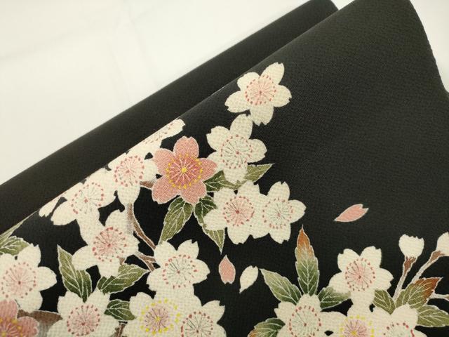 平和屋着物●つけ帯　枝桜文　黒地　鬼しぼ縮緬　正絹　逸品　CABJ2363dy