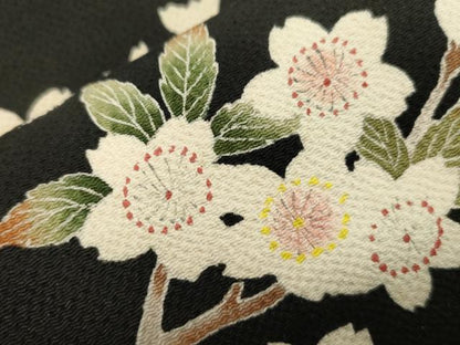 平和屋着物●つけ帯　枝桜文　黒地　鬼しぼ縮緬　正絹　逸品　CABJ2363dy
