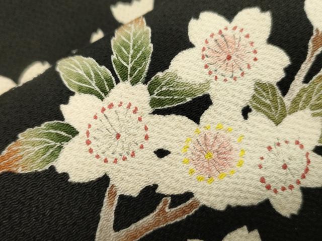 平和屋着物●つけ帯　枝桜文　黒地　鬼しぼ縮緬　正絹　逸品　CABJ2363dy