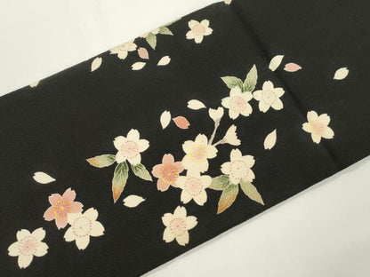 平和屋着物●つけ帯　枝桜文　黒地　鬼しぼ縮緬　正絹　逸品　CABJ2363dy