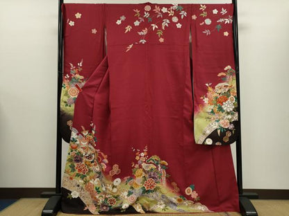 平和屋着物●豪華振袖　貝桶草花文　暈し染め　金彩　正絹　逸品　CABJ2411ze