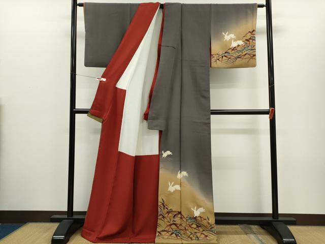 平和屋着物●ファッションデザイナー 花井幸子　訪問着　手描き　絞り　兎　立波笹文　暈し染め　金彩　三越扱い　正絹　逸品　CABJ2417ze