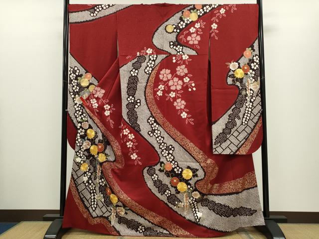 平和屋着物●豪華振袖　駒刺繍　絞り　花唐草文　金銀彩　京都着物友禅扱い　正絹　逸品　CABJ2422ze