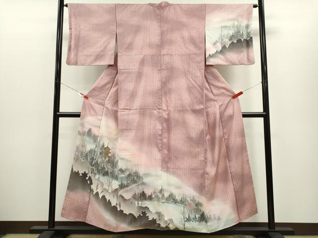 平和屋着物●訪問着　紬地　手描き　風景文　暈し染め　金彩　正絹　逸品　CABJ2425ze