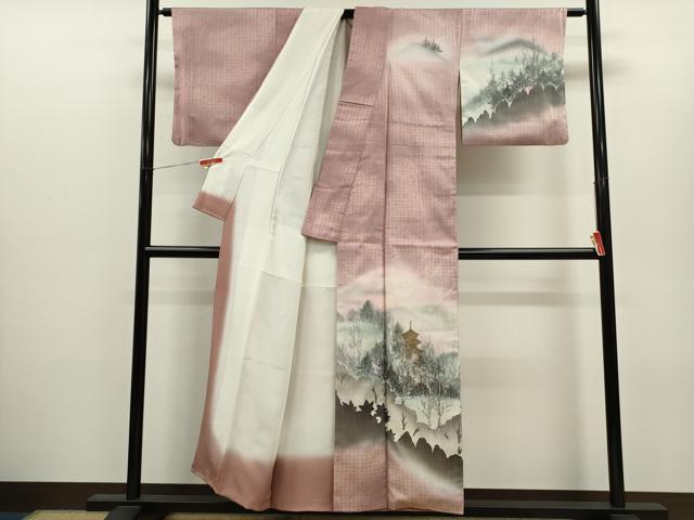平和屋着物●訪問着　紬地　手描き　風景文　暈し染め　金彩　正絹　逸品　CABJ2425ze