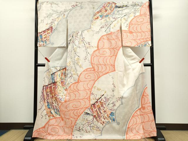 平和屋着物●訪問着　絞り　几帳飛鶴吉祥梅文　金彩　正絹　逸品　CABJ2452ze