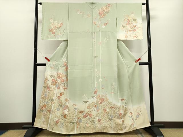 平和屋着物●訪問着　駒刺繍　松竹梅扇面花文　暈し染め　金彩　正絹　逸品　未使用　CABJ2468ze