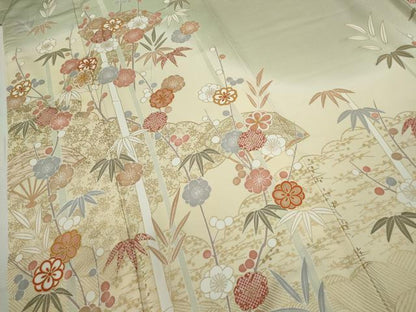 平和屋着物●訪問着　駒刺繍　松竹梅扇面花文　暈し染め　金彩　正絹　逸品　未使用　CABJ2468ze