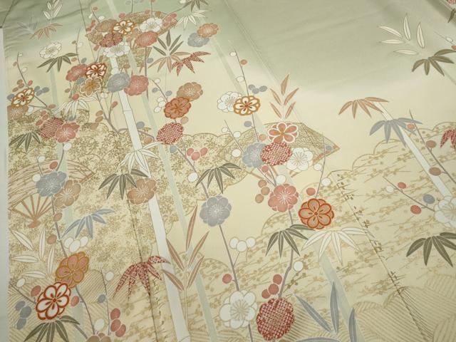 平和屋着物●訪問着　駒刺繍　松竹梅扇面花文　暈し染め　金彩　正絹　逸品　未使用　CABJ2468ze