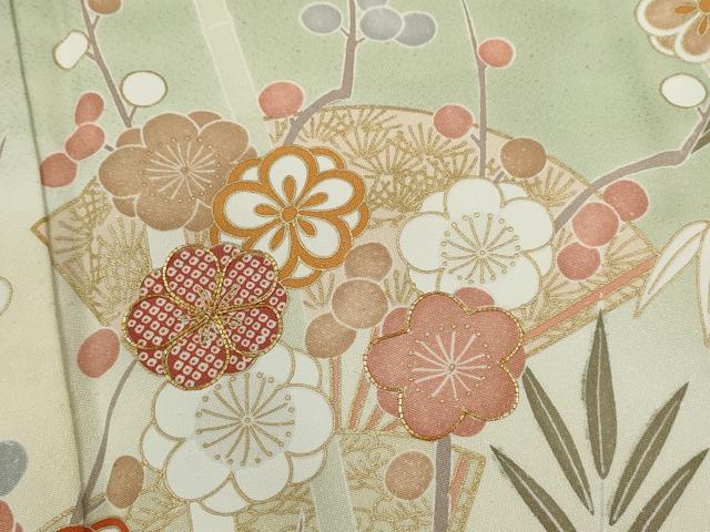 平和屋着物●訪問着　駒刺繍　松竹梅扇面花文　暈し染め　金彩　正絹　逸品　未使用　CABJ2468ze