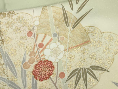 平和屋着物●訪問着　駒刺繍　松竹梅扇面花文　暈し染め　金彩　正絹　逸品　未使用　CABJ2468ze
