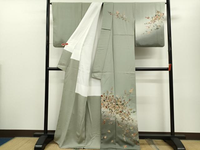 平和屋着物●訪問着　総刺繍　枝花文　暈し染め　金糸　正絹　逸品　CABJ2484ze