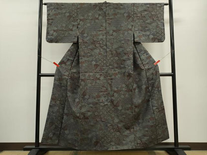 平和屋着物●上質な小紋　紬地　地紙重ね草花文　正絹　逸品　CABJ2509ze