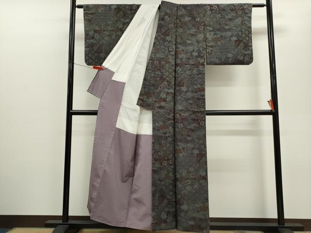 平和屋着物●上質な小紋　紬地　地紙重ね草花文　正絹　逸品　CABJ2509ze