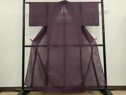 平和屋着物＊夏物　色無地　枝葉紋紗　滅紫色　正絹　逸品　CABJ2535ze