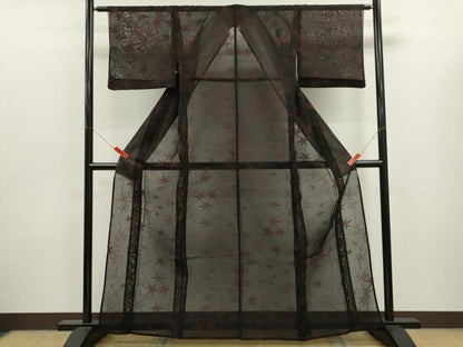 平和屋着物＊夏物　小紋　紗　枝葉文　黒地　正絹　逸品　CABJ2538ze